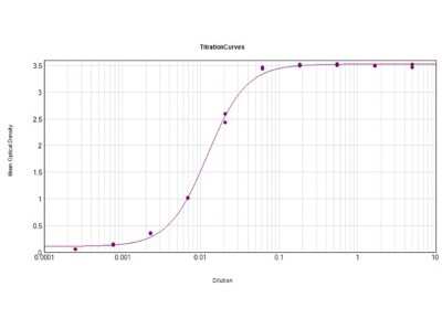 ELISA: Rabbit anti-Mouse IgG2b Heavy Chain Secondary Antibody [HRP] [NBP1-73743] - ELISA Results of Rabbit anti-Mouse IgG2b Heavy Chain Secondary antibody [HRP] tested against purified Mouse IgG2b HRP. Each well was coated in duplicate with 1.0 ug of Mouse IgG2b. The working dilution is 1:82,000. The starting dilution of antibody was 5ug/ml and the X-axis represents the Log10 of a 3-fold dilution. This titration is a 4-parameter curve fit where the IC50 is defined as the titer of the antibody. Assay performed using TMB substrate.